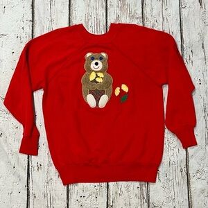 Vintage 1980s Teddy Bear with Flower Red 80s Crewneck Pullover Jumper Sweatshirt
